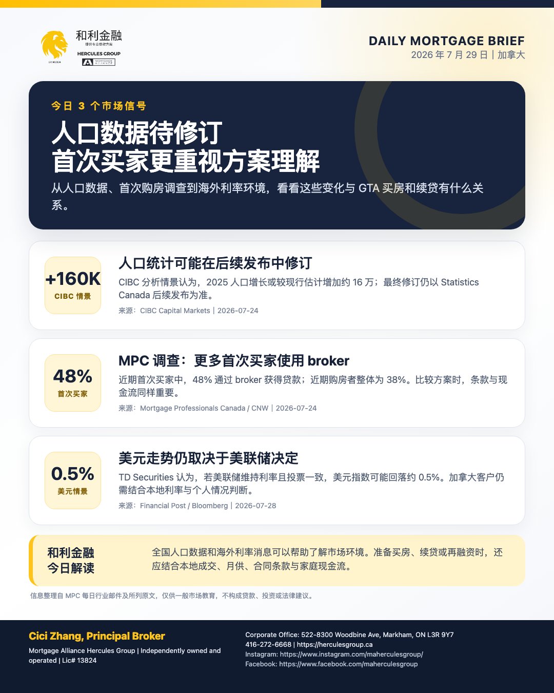 和利金融 2026 年 7 月 29 日加拿大房贷市场日报海报