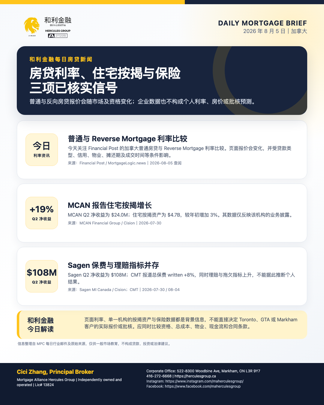 和利金融 2026 年 8 月 5 日加拿大房贷新闻海报